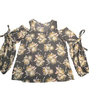 Going Out Top Small Bows Fairycore Balloon Floral Brown Gray Flowy Long Sleeve